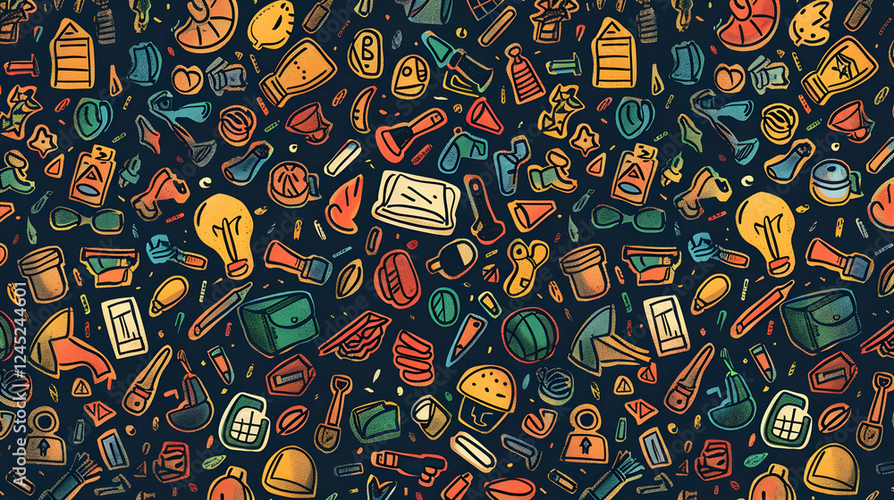 Poster colorful array of various objects and symbols scattered on a dark background, ideal for creative pro