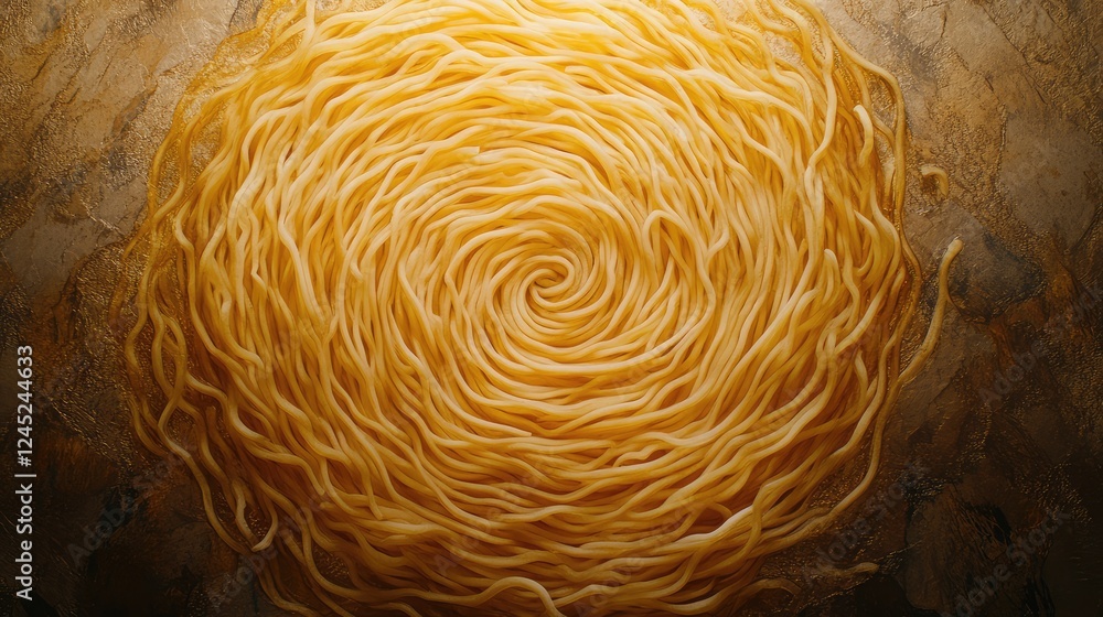 Poster flat lay of dry instant ramen noodles in a spiral pattern, placed on a textured stone background wit