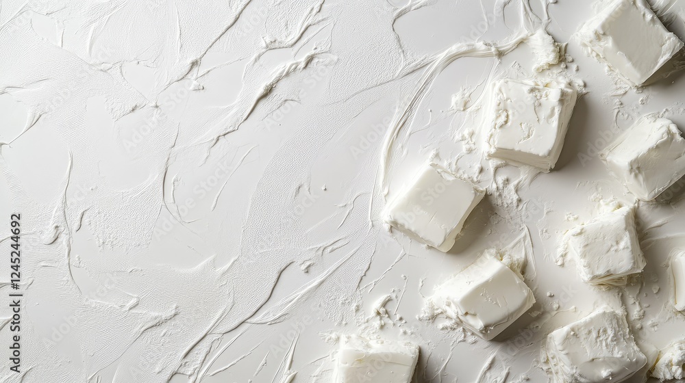 Poster flat lay of frozen cream cheese blocks on a white surface with frost texture. ample copy space.