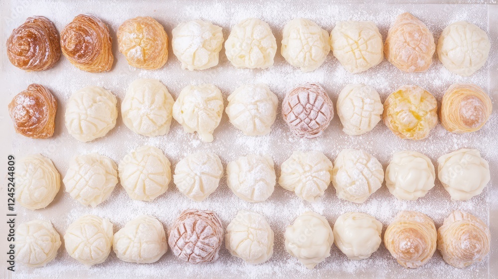Poster flat lay of frozen croissants and puff pastries, neatly arranged on a baking sheet with a light dust