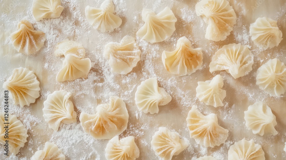 Poster flat lay of frozen croissants and puff pastries, neatly arranged on a baking sheet with a light dust