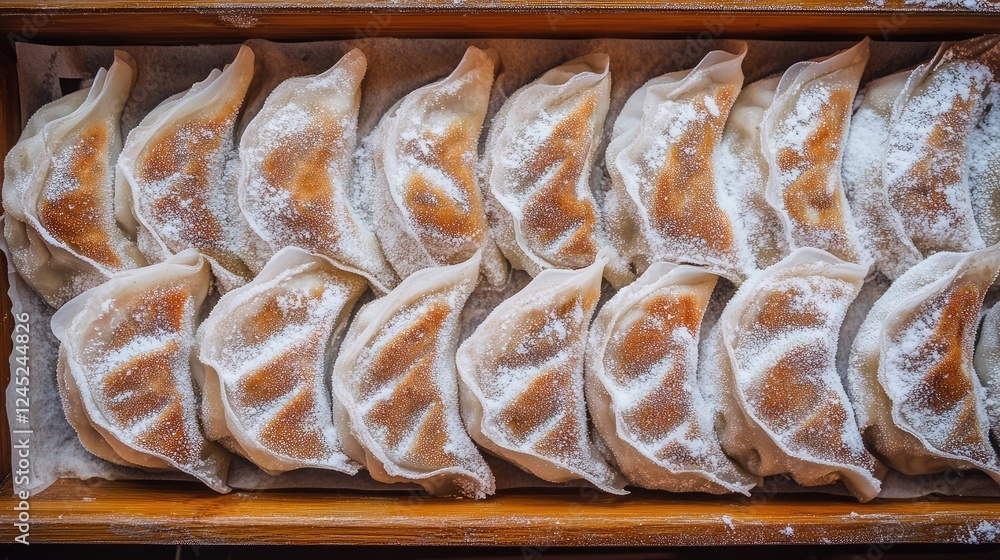 Poster flat lay of frozen dumplings and gyoza, neatly lined on a tray with visible frost. copy space for br