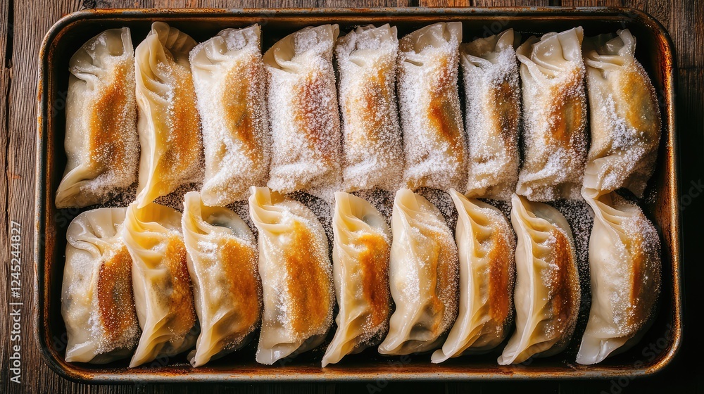 Poster flat lay of frozen dumplings and gyoza, neatly lined on a tray with visible frost. copy space for br