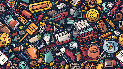 Fototapeta premium A vibrant collage of various everyday objects scattered on a dark background, showcasing creativity