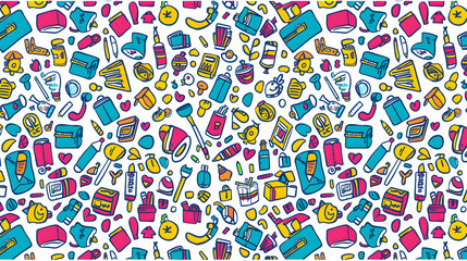 Colorful doodle pattern featuring various household and office supplies on a white background