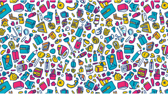 Colorful doodle pattern featuring various household and office supplies on a white background