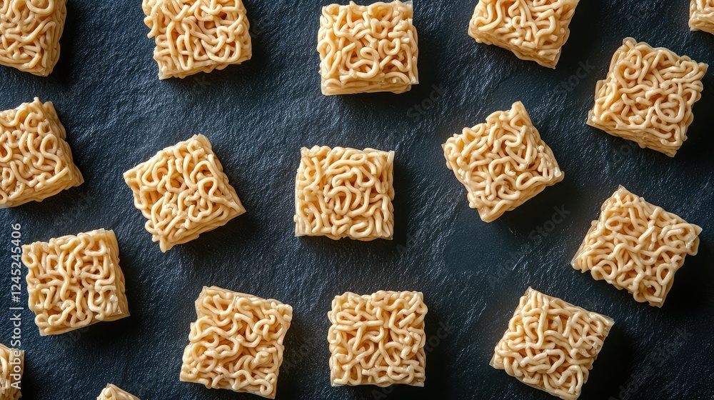 Aufkleber flat lay of raw instant noodle blocks arranged in a scattered pattern on a dark stone background. co