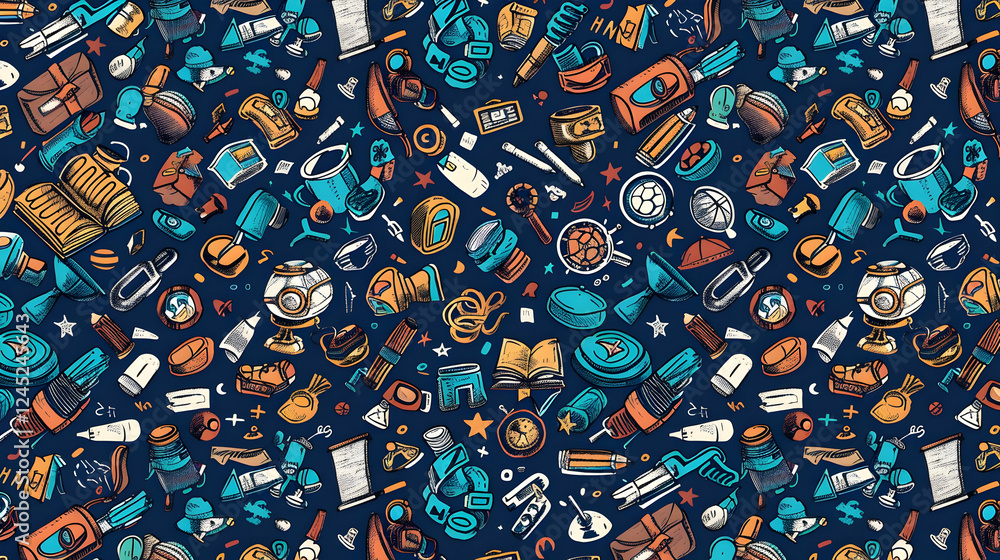 Poster colorful pattern of various educational and travel-themed objects on a dark background