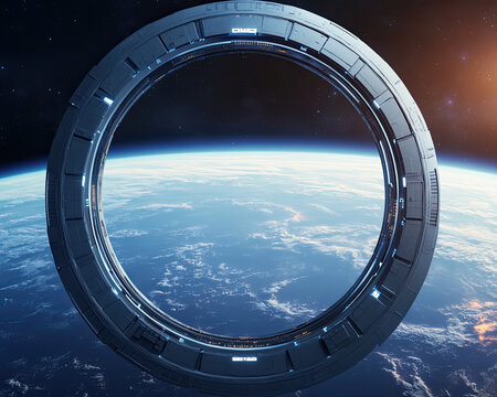A futuristic ring structure or space station orbits above Earth, showcasing a stunning view of the planet and the cosmos beyond.