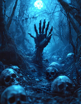 A hand is shown in a graveyard with many skulls surrounding it