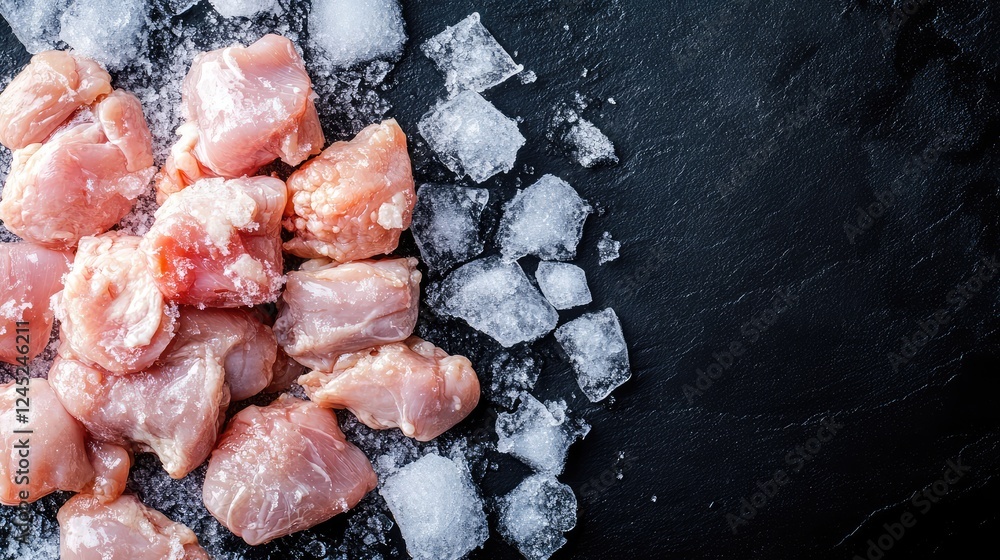 Poster frozen chicken pieces, neatly arranged on a dark surface with crushed ice and a slight frost layer. 