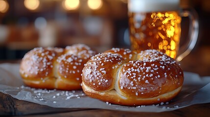 Artisan-style pretzels sprinkled with coarse sea salt, placed on crinkled parchment paper, surrounded by wooden table elements, blurred beer mug glowing with amber hues in the background,