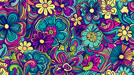 Vibrant floral pattern featuring colorful flowers and intricate swirls in a lively design
