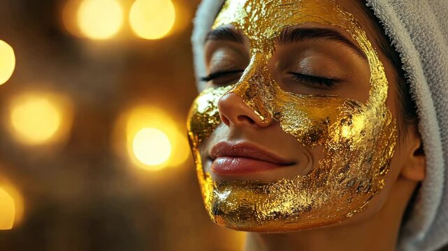 Relaxing golden facial spa treatment with peaceful serenity and glowing ambience