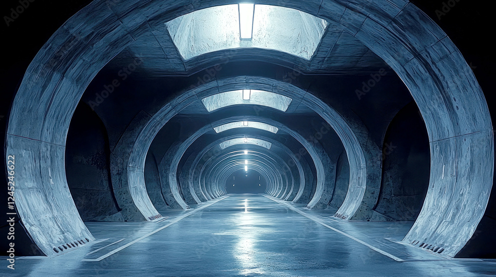 Poster futuristic concrete tunnel: a visionary architectural masterpiece. exploring the depth and symmetry 
