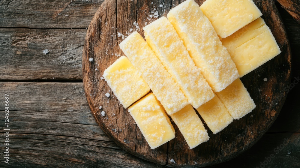 Poster frozen mozzarella sticks arranged on a rustic wooden board with visible frost. copy space available.