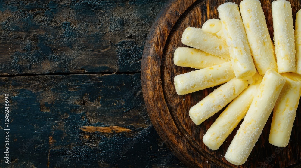 Aufkleber frozen mozzarella sticks arranged on a rustic wooden board with visible frost. copy space available.