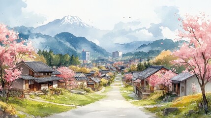Naklejka premium Cherry Blossom Village with Mountains. Generative AI