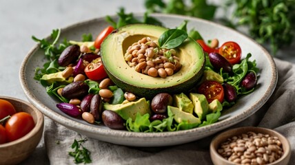a plate of fresh vegetables salad with avocado, peanuts and many more