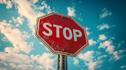 Obraz premium Red stop sign against blue sky with clouds