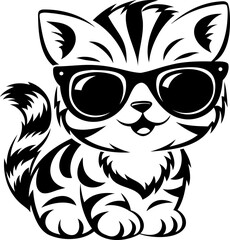 Obraz premium A stylish cartoon cat wearing sunglasses, featuring playful stripes and a cheerful expression.