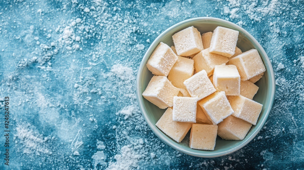 Poster frozen tofu cubes arranged in a bowl on an icy surface with frost texture. copy space available.