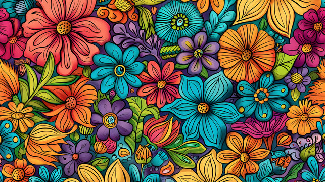 Vibrant floral pattern featuring a variety of colorful flowers and intricate designs