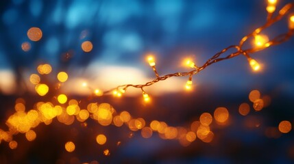 Glowing String Lights Against Twilight Blue Background. Generative AI
