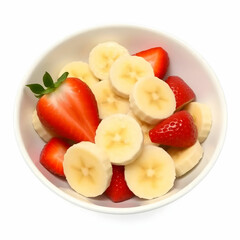 a white bowl with strawberry and banana slices isolated on the white background