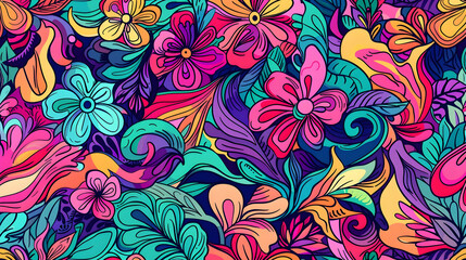 Fototapeta premium Vibrant Floral Pattern with Colorful Swirls and Leaves, Perfect for Backgrounds and Textiles