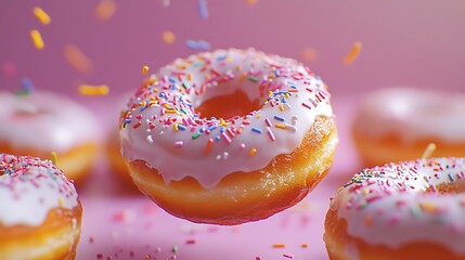 Close-up of donuts with vibrant icing and artistic designs, arranged neatly in a circle, one donut in mid-motion being lifted, sprinkles flying and frosting gleaming under natural light. --ar 16:9