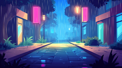 Game Backgrounds: Neon 2D Cartoon Cyberpunk Street in the Rain

