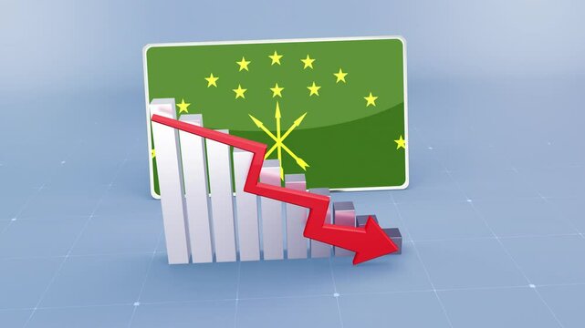 Adygea country flag and bar chart graph showing decreasing values a red arrow economic crisis concept. Flag of Adygea