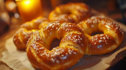 Close-up overhead shot of freshly baked pretzels on parchment paper, butter glaze shining under warm light, with a golden beer mug softly glowing in the blurred background,