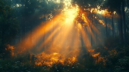 Golden Rays of Dawn in Enchanting Forest