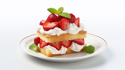 Close-up of a delicious strawberry shortcake dessert on a white plate