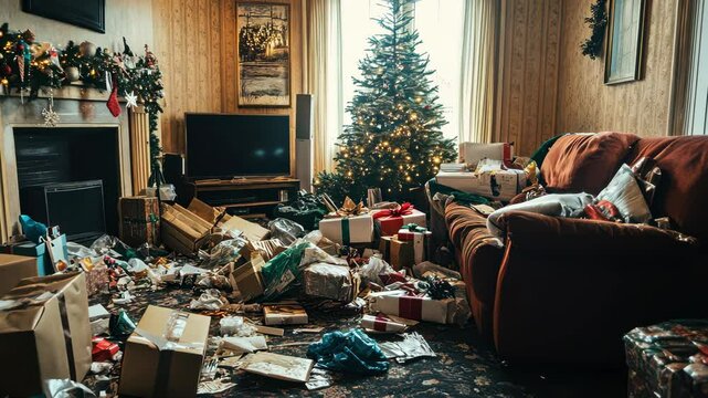 Festive living room chaos unfolds with discarded wrappings and holiday decorations