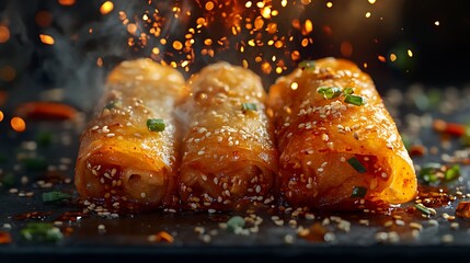 Crispy spring rolls being dipped into vibrant chili sauce, glossy textures highlighted by warm light, garnished with sesame seeds and chili flakes, cinematic depth, ultra-realistic composition.