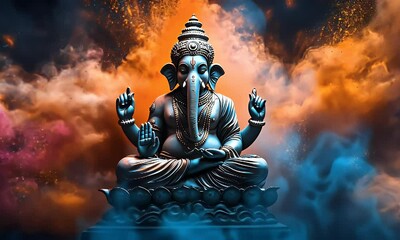 Ganesha statue, colorful smoke, festival, meditation, spiritual