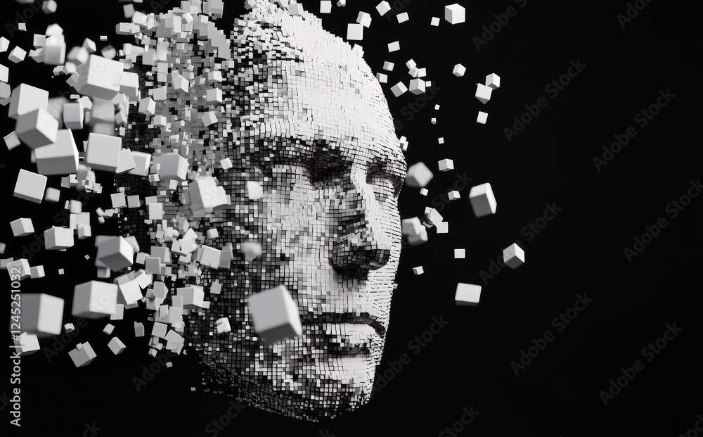 Poster a digital art representation of a human face constructed from white cubes, symbolizing artificial in