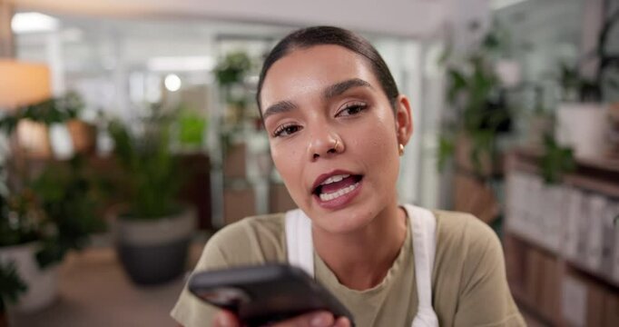 Woman, florist and talking with speaker phone for communication, conversation or audio message at office. Female person, employee or environmentalist speaking on mobile smartphone for voice note app
