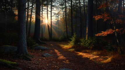 Obraz premium Sunbeams Illuminating Autumnal Forest Path