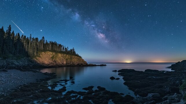 Starry night over ocean cove with milky way and coastal trees