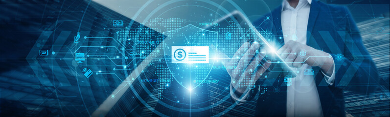 Businessmen's connections are protected through digital payment security measures that ensure...