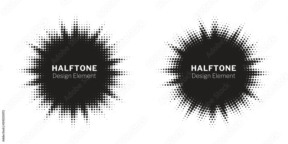 Poster Halftone circle frame background set. Round border Icon using halftone random circle. Grunge circular stain. Vector illustration.
