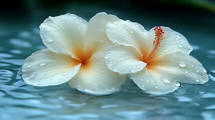 Two White Hibiscus Flowers Floating On Water