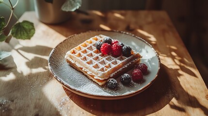 High-angle shot of waffles on a ceramic plate, surrounded by syrup, berries, and powdered sugar, bright morning light casting natural shadows, vintage wooden table and soft bokeh. --ar 16:9