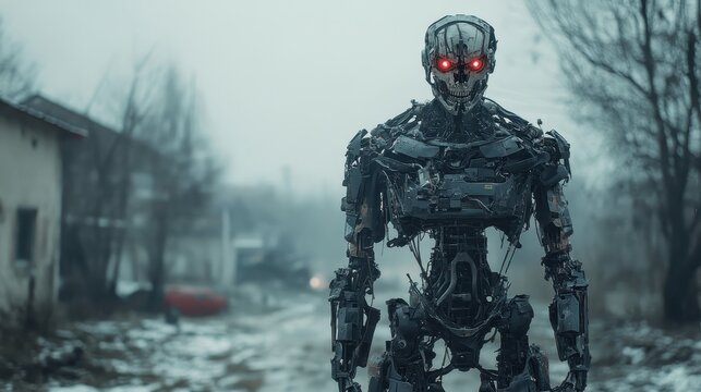 A menacing robot with glowing red eyes stands in a desolate, snowy landscape. Perfect for dystopian, sci-fi, or post-apocalyptic projects needing a threatening AI.