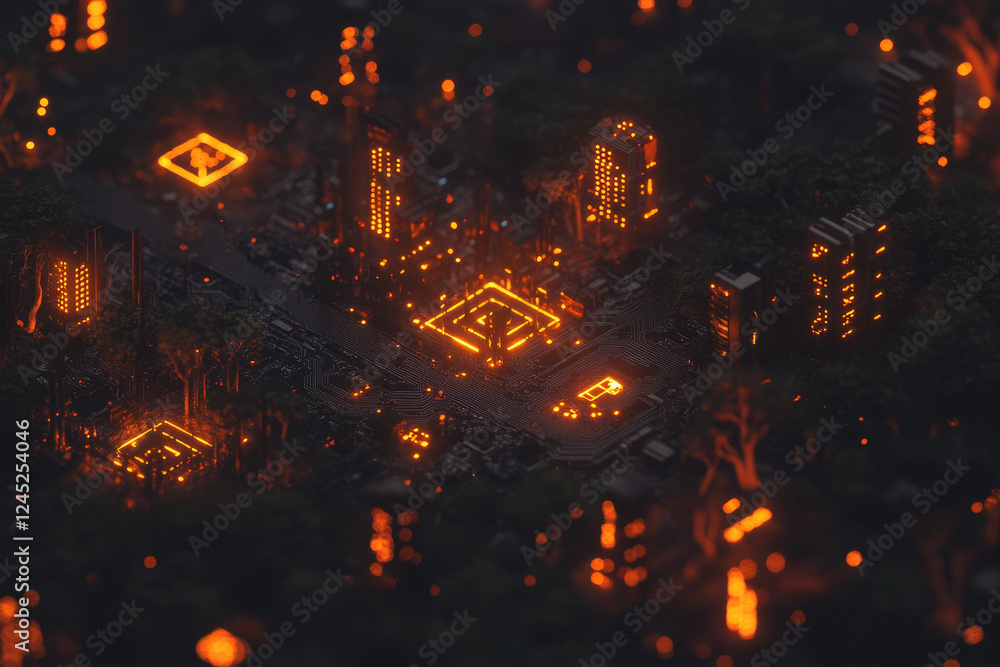 Poster glowing digital cityscape with abstract patterns