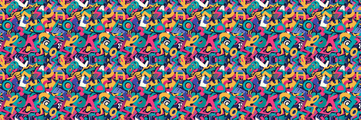 Seamless pattern with geometric shapes in the style. Multicolored vintage background with triangles, circles and squares for textile, fabric and Sudanese fabric art.
